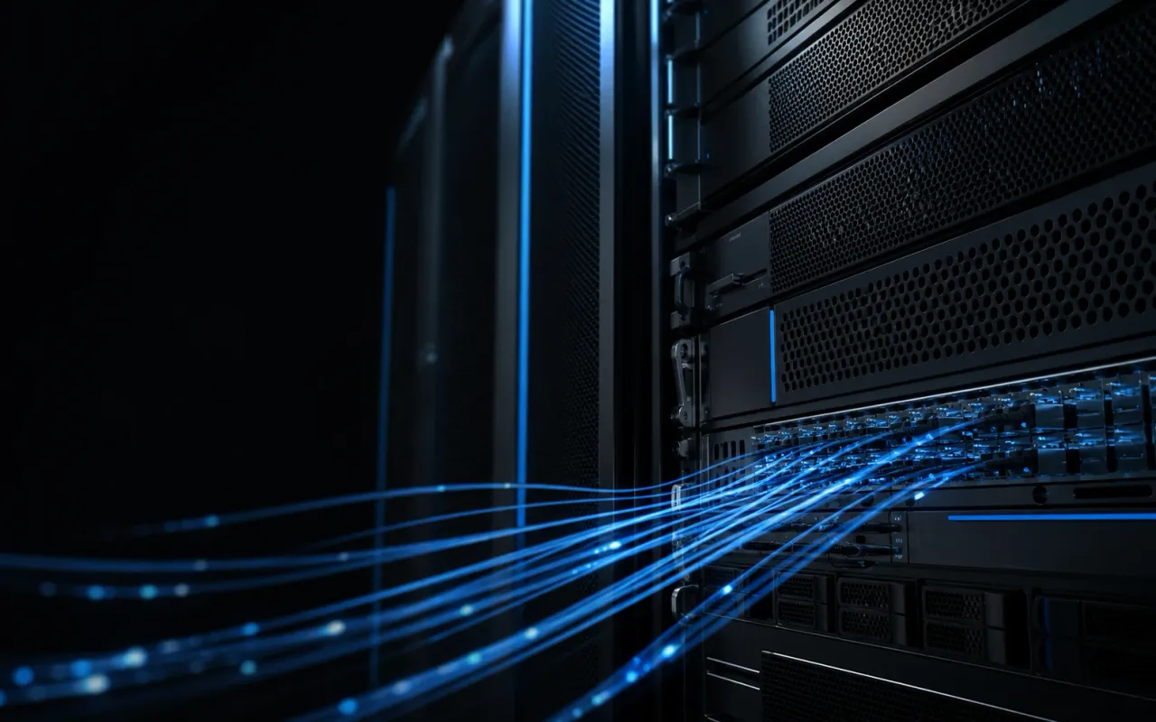 Dark server infrastructure with blue network connections